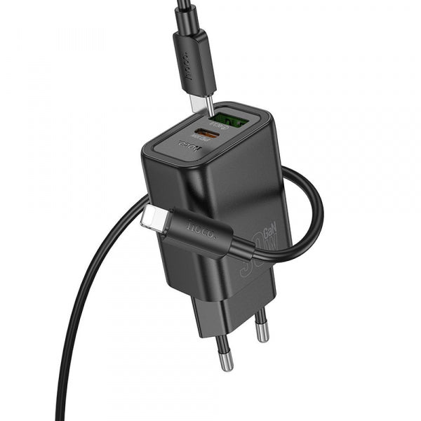 Hoco Wall Charger N63, 30W, 3A, 1 x USB-A - 1 x USB-C, with Lightning Cable, Black