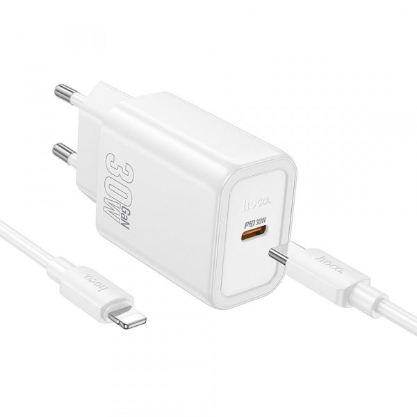 Hoco Wall Charger N62, 30W, 3A, 1 x USB-C, with Lightning Cable, White