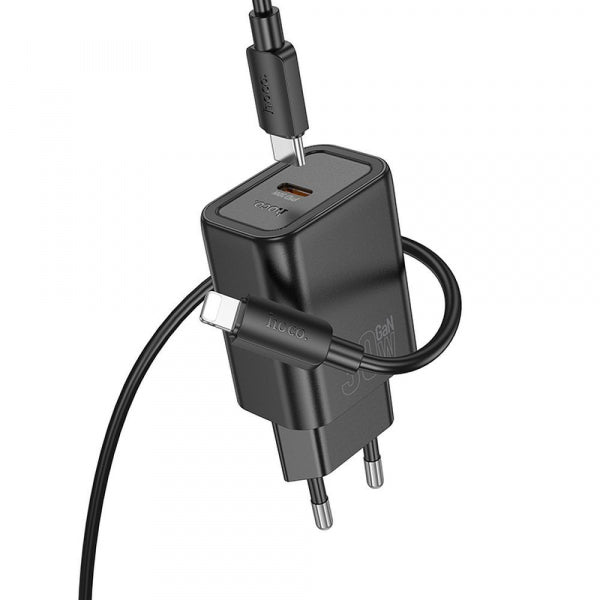 Hoco Wall Charger N62, 30W, 3A, 1 x USB-C, with Lightning Cable, Black