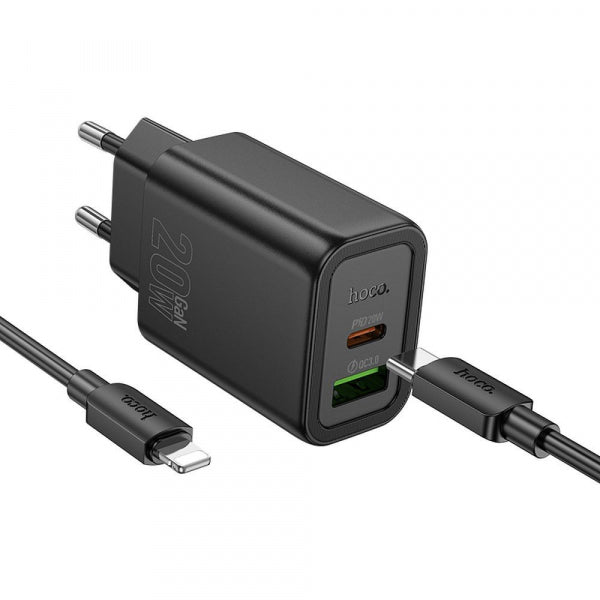 Hoco Wall Charger N61, 20W, 3A, 1 x USB-A - 1 x USB-C, with USB-C Cable, Black