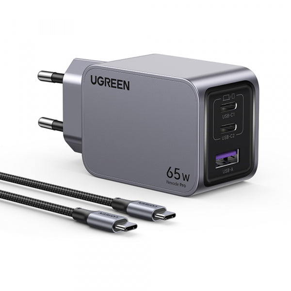 Ugreen Wall Charger X755 Nexode Pro, 65W, 3A, 1 x USB-A - 2 x USB-C, with USB-C Cable, Grey
