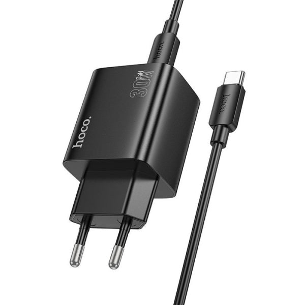 Hoco Wall Charger N56, 30W, 3A, 2 x USB-A - 2 x USB-C, with USB-C Cable, Black