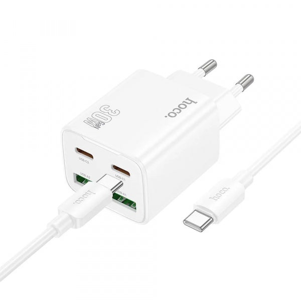 Hoco Wall Charger N56, 30W, 3A, 2 x USB-A - 2 x USB-C, with USB-C Cable, White