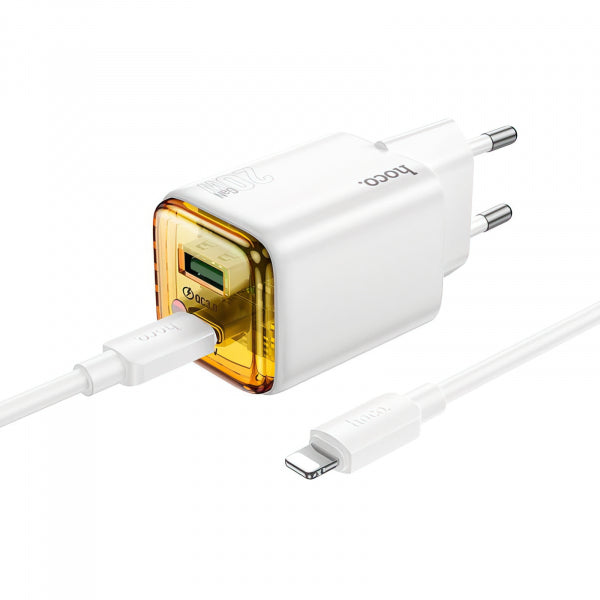 Hoco Wall Charger N52, 20W, 3A, 1 x USB-A - 1 x USB-C, with Lightning Cable, White