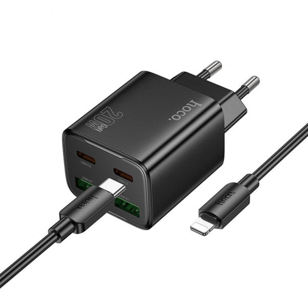Hoco Wall Charger N55, 20W, 3A, 2 x USB-A - 2 x USB-C, with Lightning Cable, Black