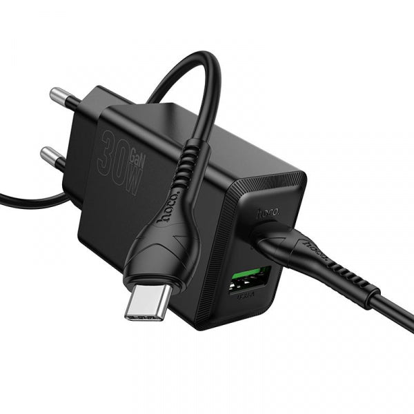 Hoco Wall Charger N71, 30W, 3A, 1 x USB-A - 1 x USB-C, with USB-C Cable, Black