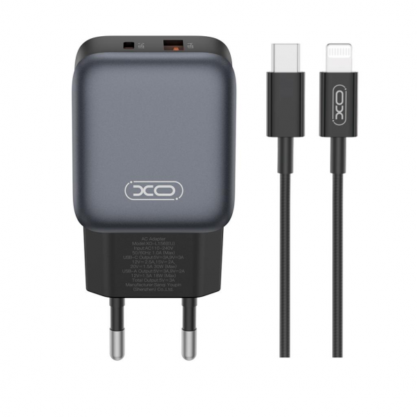 XO Design Wall Charger L156, 30W, 3A, 1 x USB-A - 1 x USB-C, with Lightning Cable, Black