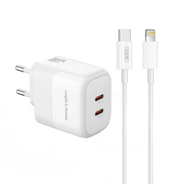 XO Design Wall Charger L140, 35W, 3A, 2 x USB-C, with Lightning Cable, White