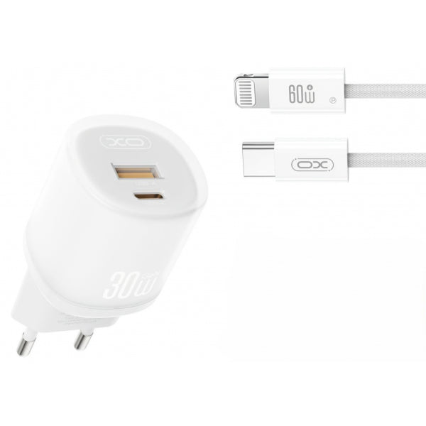XO Design Wall Charger L151, 30W, 3A, 1 x USB-A - 1 x USB-C, with Lightning Cable, White