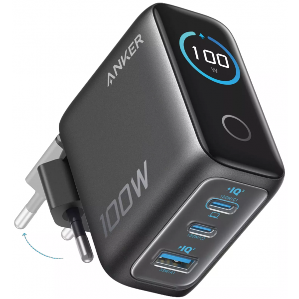 Anker Wall Charger Smart Display, 100W, 5A, 1 x USB-A - 2 x USB-C, with USB-C Cable, Grey B121BGZ1