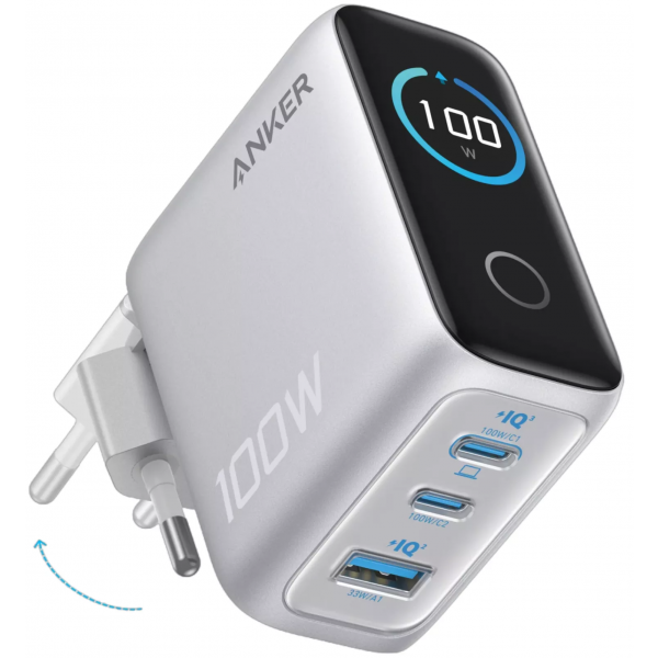 Anker Wall Charger Smart Display, 100W, 5A, 1 x USB-A - 2 x USB-C, with USB-C Cable, Silver B121BG41