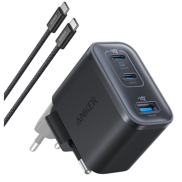 Anker Wall Charger Nano, 70W, 3.5A, 1 x USB-A - 2 x USB-C, with USB-C Cable, Grey B121A311