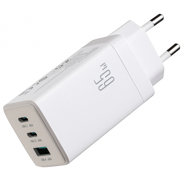 Joyroom Wall Charger JR-TG10, 65W, 3.25A, 1 x USB-A - 2 x USB-C, with USB-C Cable, White