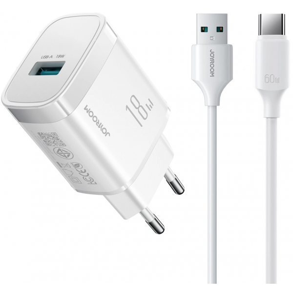 Joyroom Wall Charger JR-TF4, 18W, 3A, 1 x USB-A, with USB-C Cable, White