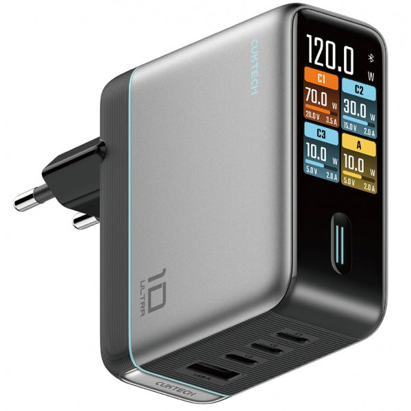 Cuktech Wall Charger AD1204U Display, 120W, 6A, 1 x USB-A - 2 x USB-C, with USB-C Cable, Silver