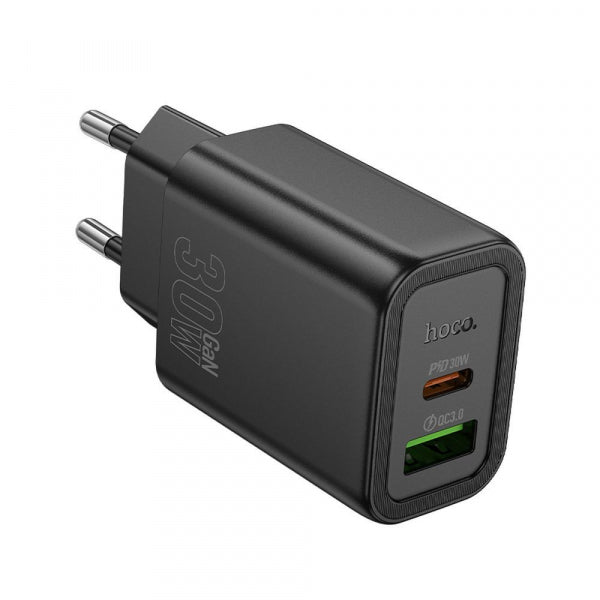 Hoco Wall Charger N63, 30W, 3A, 1 x USB-A - 1 x USB-C, Black