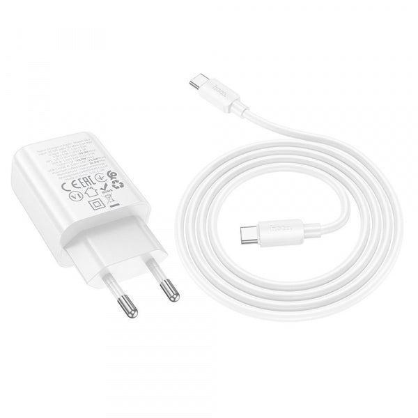 Hoco Wall Charger N63, 30W, 3A, 1 x USB-A - 1 x USB-C, with USB-C Cable, White