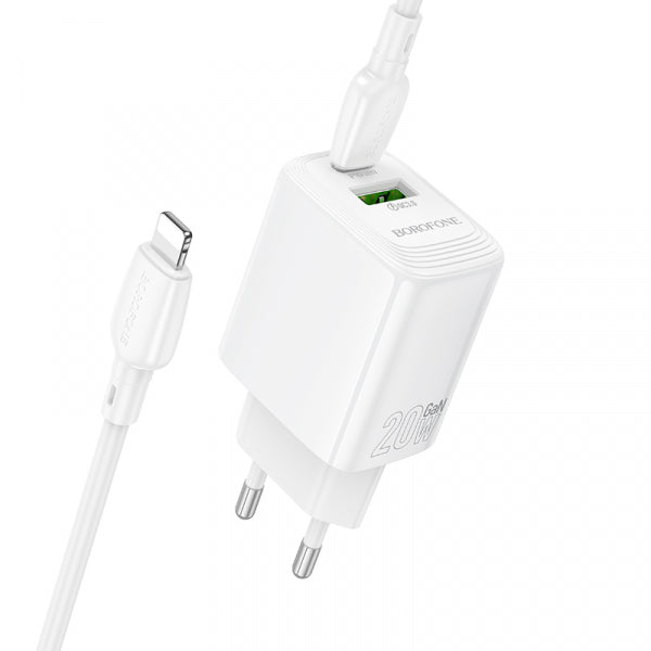 Borofone Wall Charger BN27 Fuente, 20W, 3A, 1 x USB-A - 1 x USB-C, with Lightning Cable, White