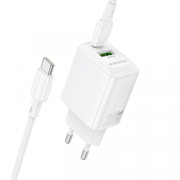Borofone Wall Charger BN27 Fuente, 20W, 3A, 1 x USB-A - 1 x USB-C, with USB-C Cable, White