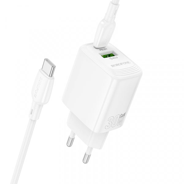 Borofone Wall Charger BN29 Fuente, 30W, 3A, 1 x USB-A - 1 x USB-C, with USB-C Cable, White