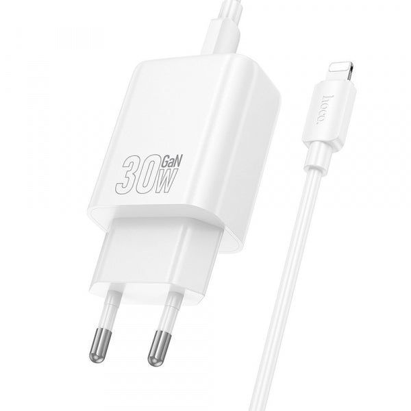 Hoco Wall Charger N62, 30W, 3A, 1 x USB-C, with Lightning Cable, White