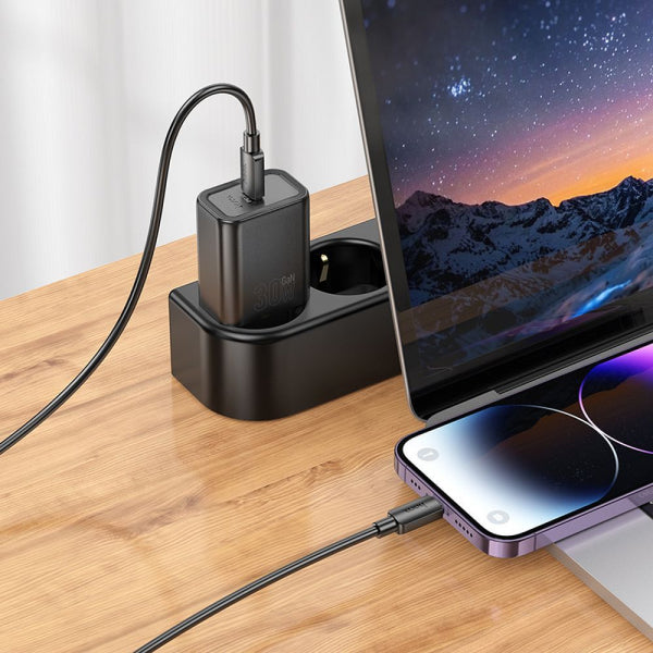 Hoco Wall Charger N62, 30W, 3A, 1 x USB-C, with Lightning Cable, Black
