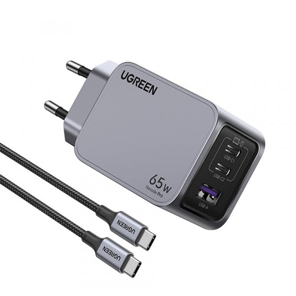 Ugreen Wall Charger X755 Nexode Pro, 65W, 3A, 1 x USB-A - 2 x USB-C, with USB-C Cable, Grey