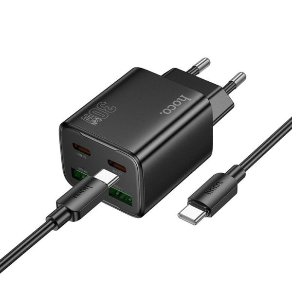 Hoco Wall Charger N56, 30W, 3A, 2 x USB-A - 2 x USB-C, with USB-C Cable, Black