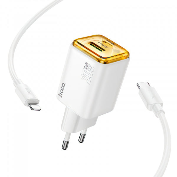 Hoco Wall Charger N52, 20W, 3A, 1 x USB-A - 1 x USB-C, with Lightning Cable, White