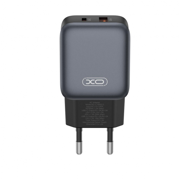 XO Design Wall Charger L156, 30W, 3A, 1 x USB-A - 1 x USB-C, with Lightning Cable, Black
