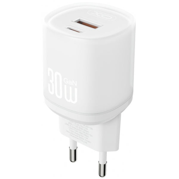 XO Design Wall Charger L151, 30W, 3A, 1 x USB-A - 1 x USB-C, with Lightning Cable, White