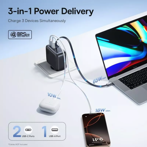 Baseus Wall Charger EnerCore CJ11, 100W, 1 x USB-A - 2 x USB-C, with USB-C Cable, Black E0120M00