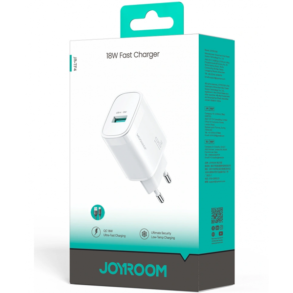 Joyroom Wall Charger JR-TF4, 18W, 3A, 1 x USB-A, with USB-C Cable, White
