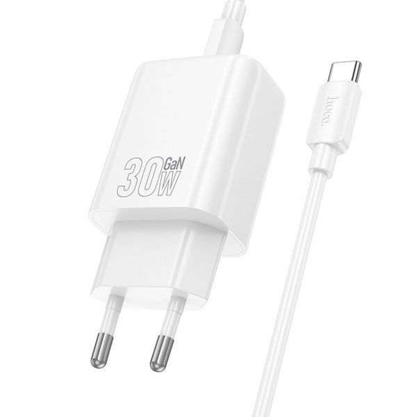 Hoco Wall Charger N63, 30W, 3A, 1 x USB-A - 1 x USB-C, with USB-C Cable, White