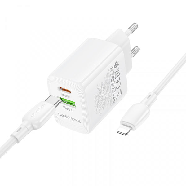 Borofone Wall Charger BN27 Fuente, 20W, 3A, 1 x USB-A - 1 x USB-C, with Lightning Cable, White