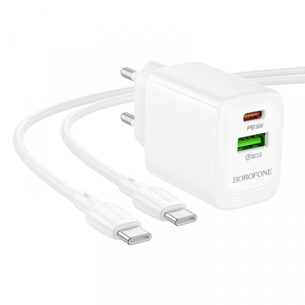 Borofone Wall Charger BN29 Fuente, 30W, 3A, 1 x USB-A - 1 x USB-C, with USB-C Cable, White