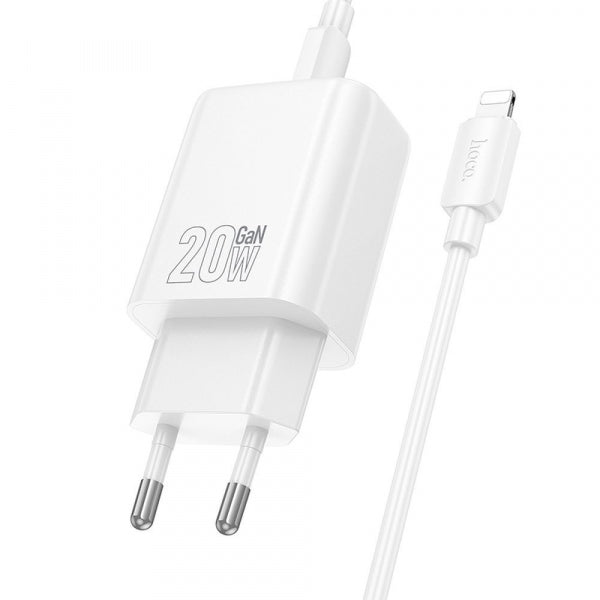 Hoco Wall Charger N61, 20W, 3A, 1 x USB-A - 1 x USB-C, with Lightning Cable, White