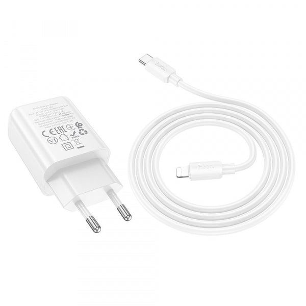 Hoco Wall Charger N62, 30W, 3A, 1 x USB-C, with Lightning Cable, White