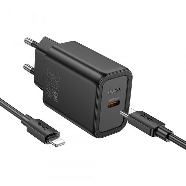 Hoco Wall Charger N62, 30W, 3A, 1 x USB-C, with Lightning Cable, Black