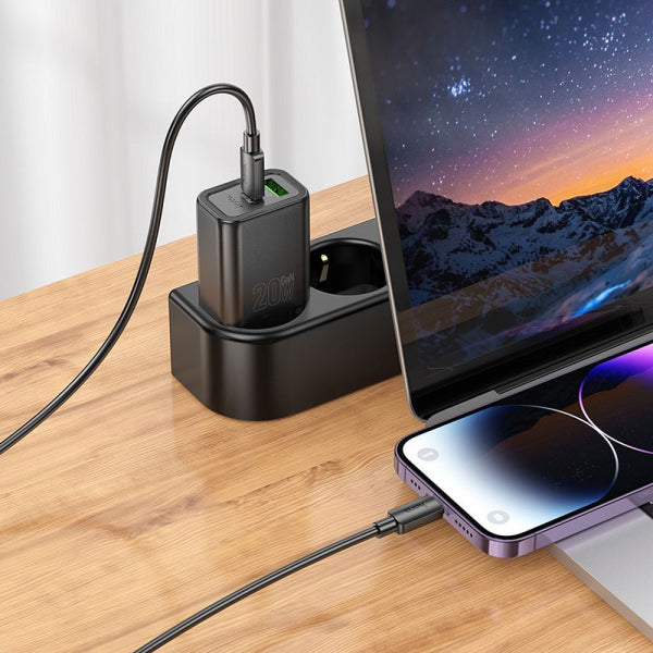 Hoco Wall Charger N61, 20W, 3A, 1 x USB-A - 1 x USB-C, with USB-C Cable, Black
