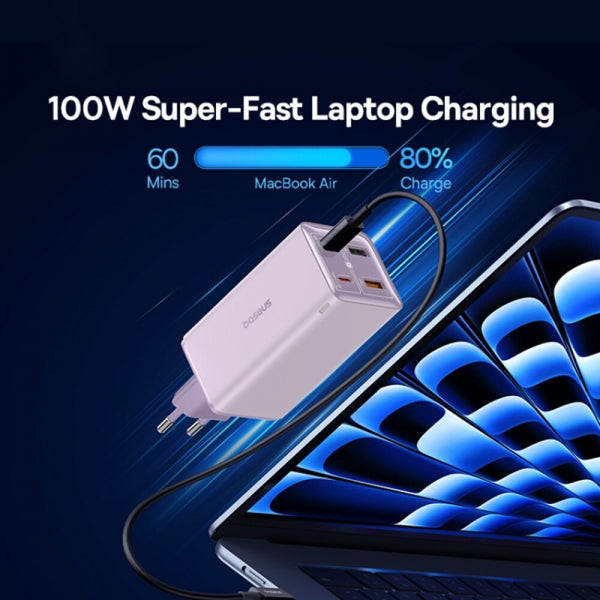 Baseus Wall Charger GaN6 Pro, 100W, 3.25A, 2 x USB-A - 2 x USB-C, with USB-C Cable, Purple P10162705532-00