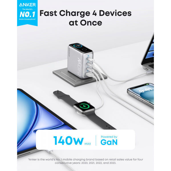 Anker Wall Charger Zolo, 140W, 5A, 1 x USB-A - 3 x USB-C, with USB-C Cable, Silver B2697G41