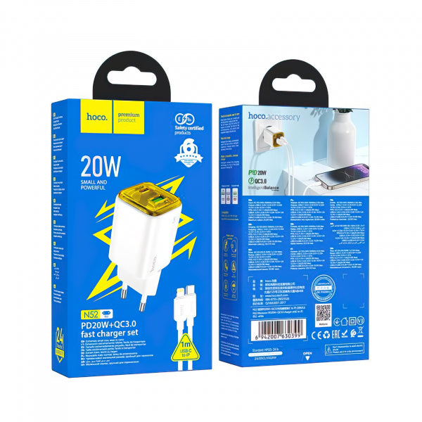 Hoco Wall Charger N52, 20W, 3A, 1 x USB-A - 1 x USB-C, with Lightning Cable, White