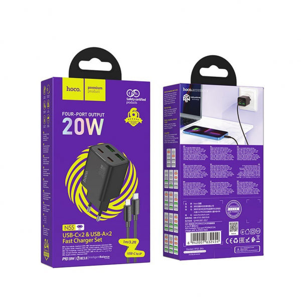 Hoco Wall Charger N55, 20W, 3A, 2 x USB-A - 2 x USB-C, with Lightning Cable, Black