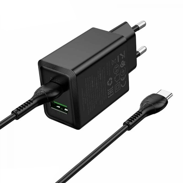 Hoco Wall Charger N71, 30W, 3A, 1 x USB-A - 1 x USB-C, with USB-C Cable, Black