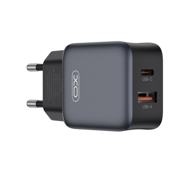 XO Design Wall Charger L156, 30W, 3A, 1 x USB-A - 1 x USB-C, with Lightning Cable, Black