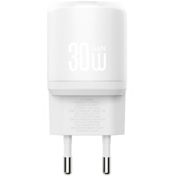 XO Design Wall Charger L151, 30W, 3A, 1 x USB-A - 1 x USB-C, with Lightning Cable, White