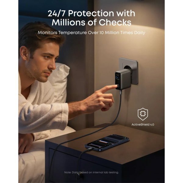 Anker Wall Charger Smart Display, 100W, 5A, 1 x USB-A - 2 x USB-C, with USB-C Cable, Grey B121BGZ1