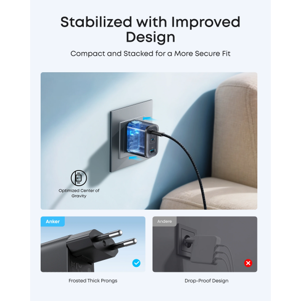 Anker Wall Charger Nano, 70W, 3.5A, 1 x USB-A - 2 x USB-C, with USB-C Cable, Grey B121A311