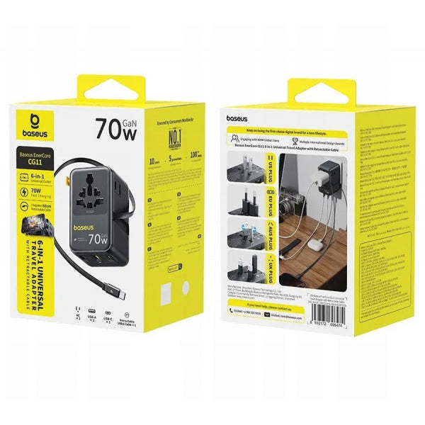 Baseus Wall Charger Travel EnerCore CG11, 70W, 1 x USB-C - 2 x Schuko - 2 x USB-A, with USB-C Cable, Black E0307E00